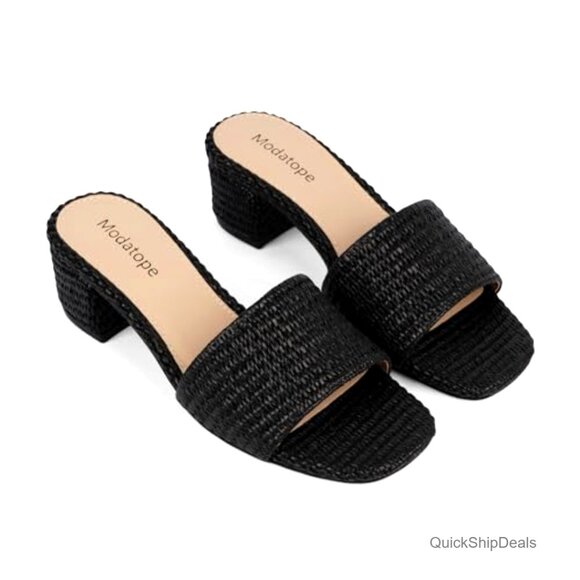 Braided Chunky Heel Square Toe Sandals, 2-Inch Heel, Raffia Mules - Picture 5 of 7